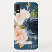 Blush and Navy Flowers | Blue Personalized Name Case-Mate iPhone Case (Back)