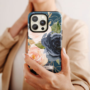 Blush and Navy Flowers   Blue Personalized Name iPhone 12 Pro Max Case