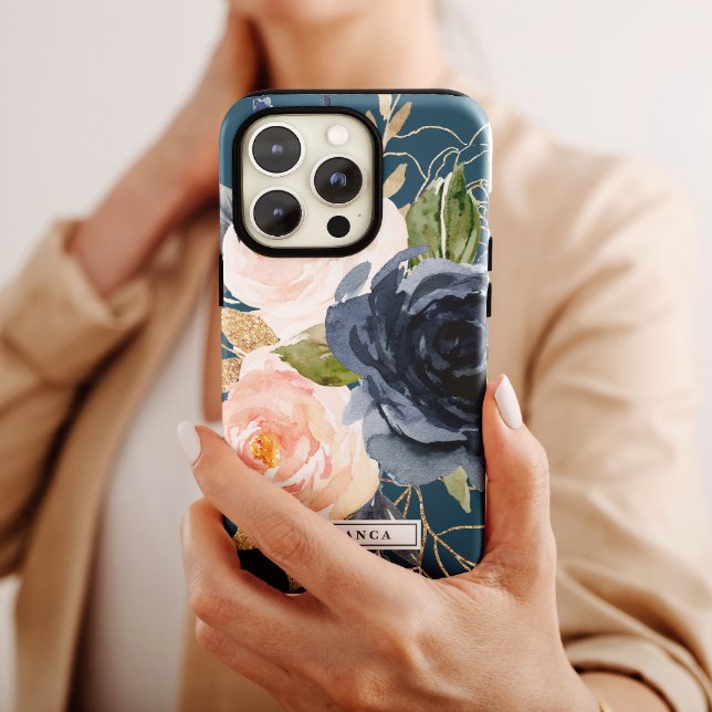 Blush and Navy Flowers | Blue Personalized Name Case-Mate iPhone Case