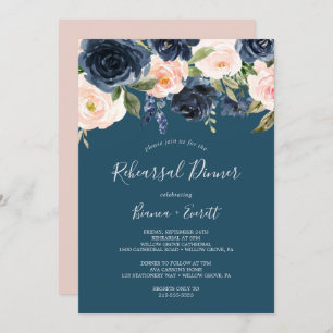 Blush and Navy Flowers   Blue Rehearsal Dinner Invitation