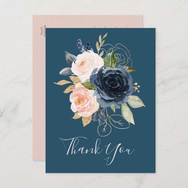Blush and Navy Flowers | Blue Thank You Postcard (Front/Back)