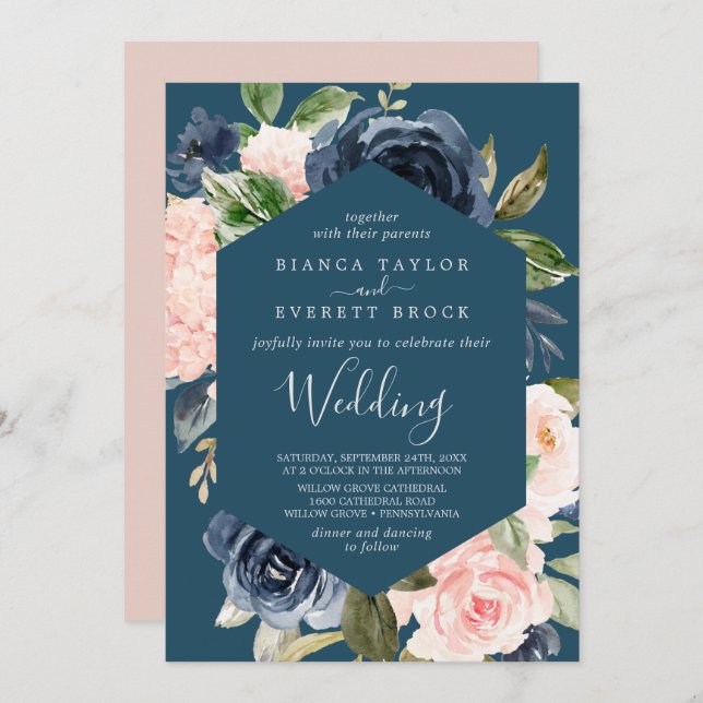 Blush and Navy Flowers | Blue Wedding Invitation (Front/Back)