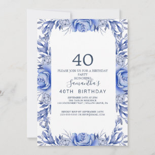 Blush and Navy Flowers Blue Wreath 40th Birthday  Invitation