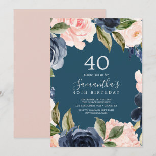 Blush and Navy Flowers Blue Wreath 40th Birthday Invitation