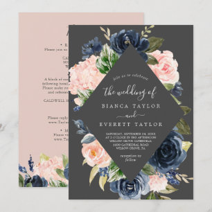 Blush and Navy Flowers Grey All In One Wedding Invitation