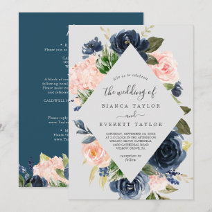 Blush and Navy Flowers   Grey All In One Wedding Invitation