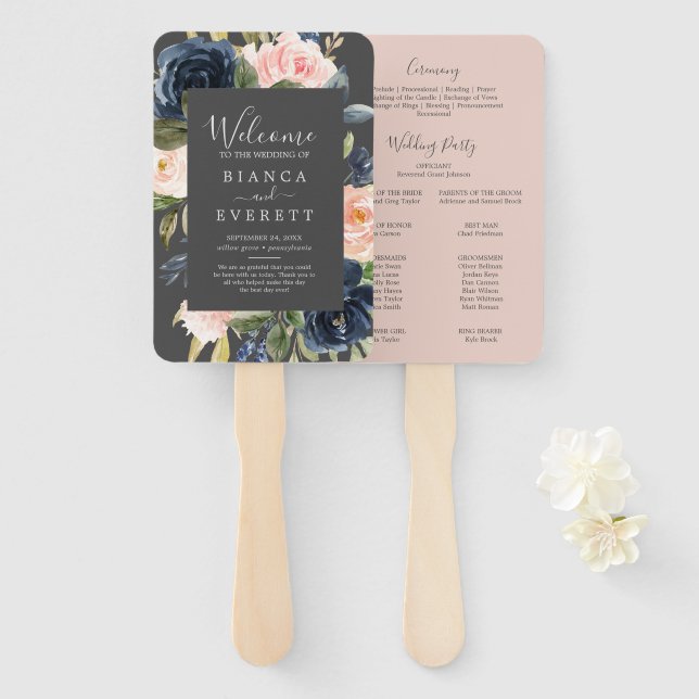 Blush and Navy Flowers | Grey Wedding Program Fan (Front and Back)