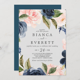 Blush and Navy Flowers   Light Grey Casual Wedding Invitation