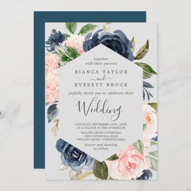 Blush and Navy Flowers | Light Grey Wedding Invitation (Front/Back)