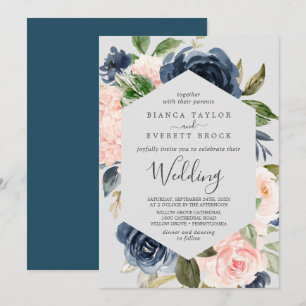 Blush and Navy Flowers Light Grey Wedding Invitation