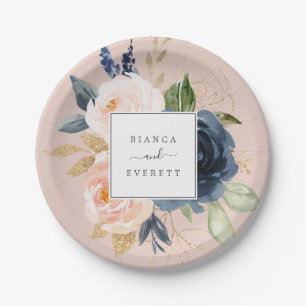 Blush and Navy Flowers   Pink Wedding Paper Plate