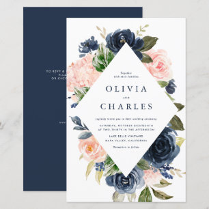 Blush and Navy Flowers QR Code Wedding Invitation
