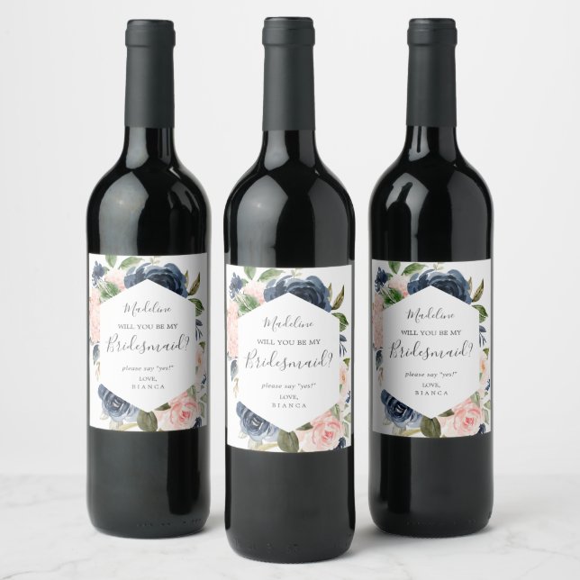 Blush and Navy Flowers | White Bridesmaid Proposal Wine Label (Bottles)