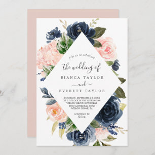 Blush and Navy Flowers   White Diamond Wedding Invitation