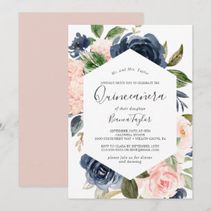 Blush and Navy Flowers   White Quinceañera Invitation