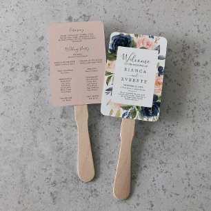 Blush and Navy Flowers   White Wedding Program Fan