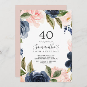 Blush and Navy Flowers White Wreath 40th Birthday Invitation