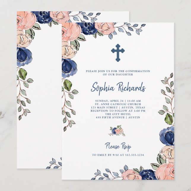 Blush and Navy Hand Drawn Flowers | Confirmation Invitation (Front/Back)