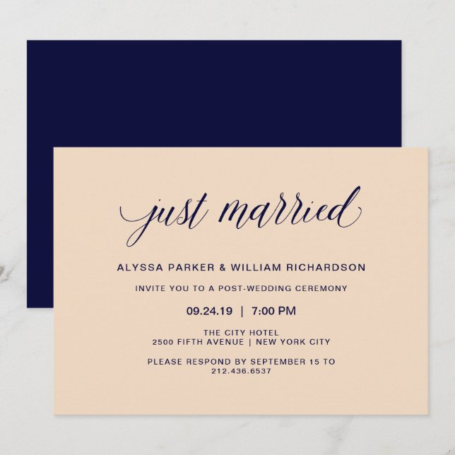 Blush and Navy Typography Just Married Celebration Invitation (Front/Back)