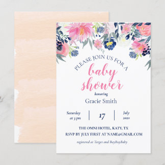 Blush and Navy Watercolor Baby Shower Invitation