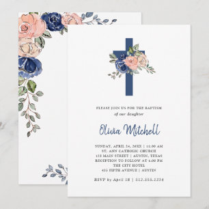 Blush and Navy Watercolor Floral and Cross Baptism Invitation
