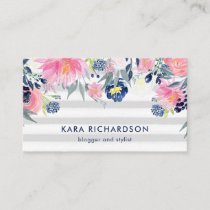 Blush and Navy Watercolor Flowers with Stripes Business Card