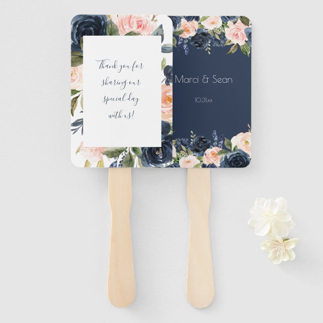 Blush and Navy Wedding Hand Fans  (Front and Back)