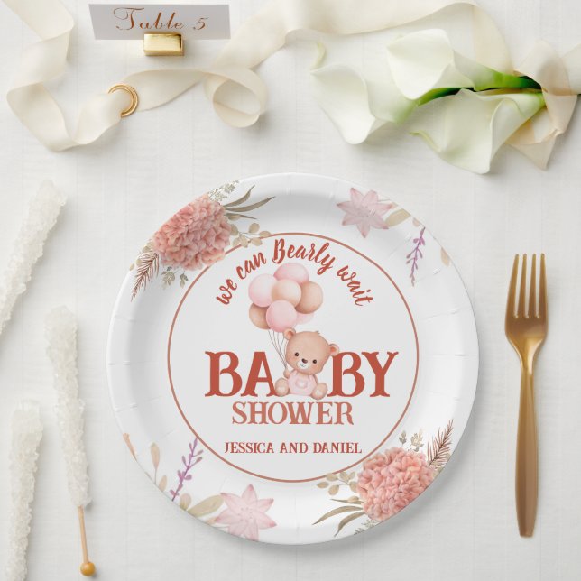 Blush and Pink Bear Baby Shower 9" Paper Plate (Wedding)