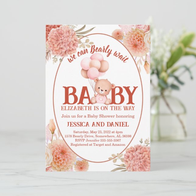 Blush and Pink Bear Baby Shower Invitation (Standing Front)