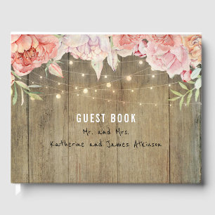 Blush and Pink Flowers Rustic String Lights Wood Guest Book
