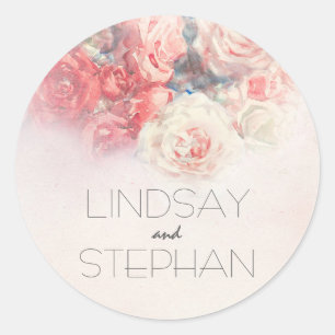 Blush and Pink Roses Watercolor Wedding Classic Round Sticker