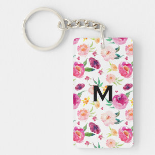 Blush and Pink Watercolor Peonies Pattern Monogram Keychain