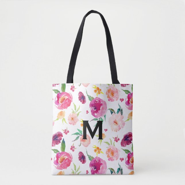 Blush and Pink Watercolor Peonies Pattern Monogram Tote Bag (Front)