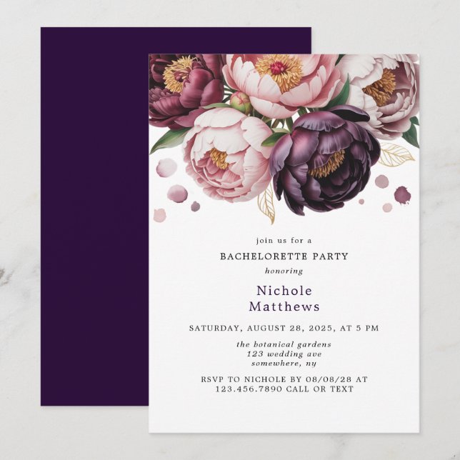 Blush and Plum Peony Floral Bachelorette Party Invitation (Front/Back)