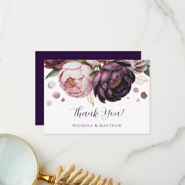 Blush and Plum Peony Floral Wedding  Thank You Card (Front/Back In Situ)