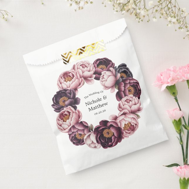 Blush and Plum Peony Wreath Wedding Favour Bag (Sealed)