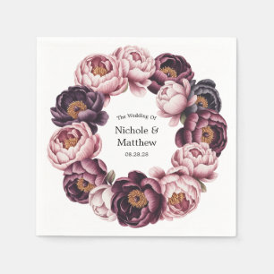Blush and Plum Peony Wreath Wedding Favour Napkin
