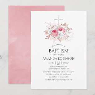 Blush and Rose Gold Floral Baptism or Christening Invitation