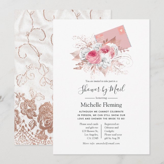 Blush and Rose Gold Floral Bridal Shower by Mail Invitation (Front/Back)
