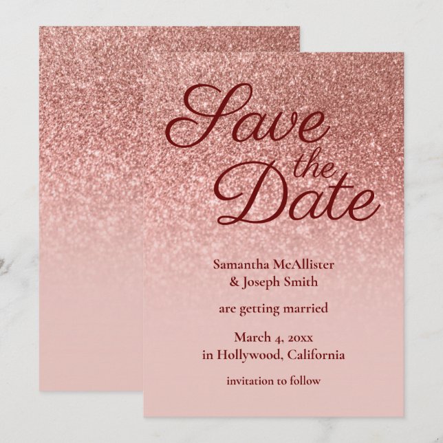 Blush and Rose Gold Ombre Glitter Save the Date Invitation (Front/Back)