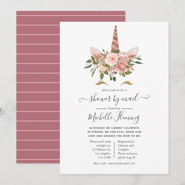 Blush and Rose Gold Unicorn Baby Shower by Mail Invitation (Front/Back)