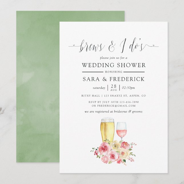 Blush and Sage Green Floral Brews Before The I Dos Invitation (Front/Back)