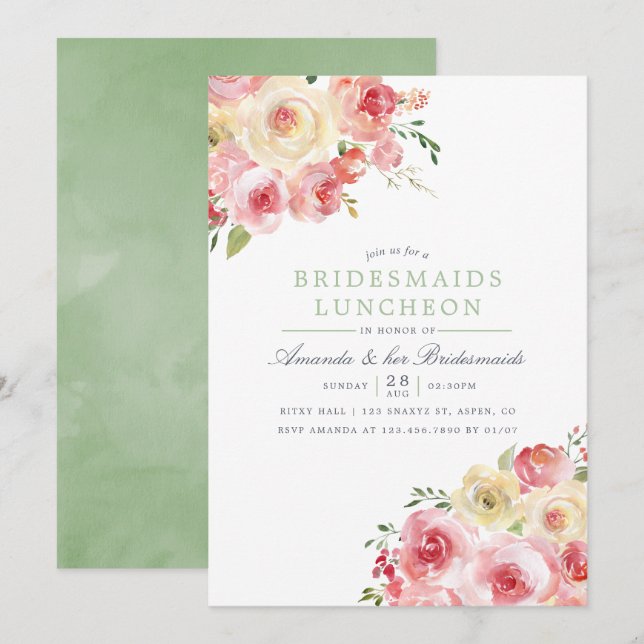 Blush and Sage Watercolor Bridesmaids Luncheon Invitation (Front/Back)