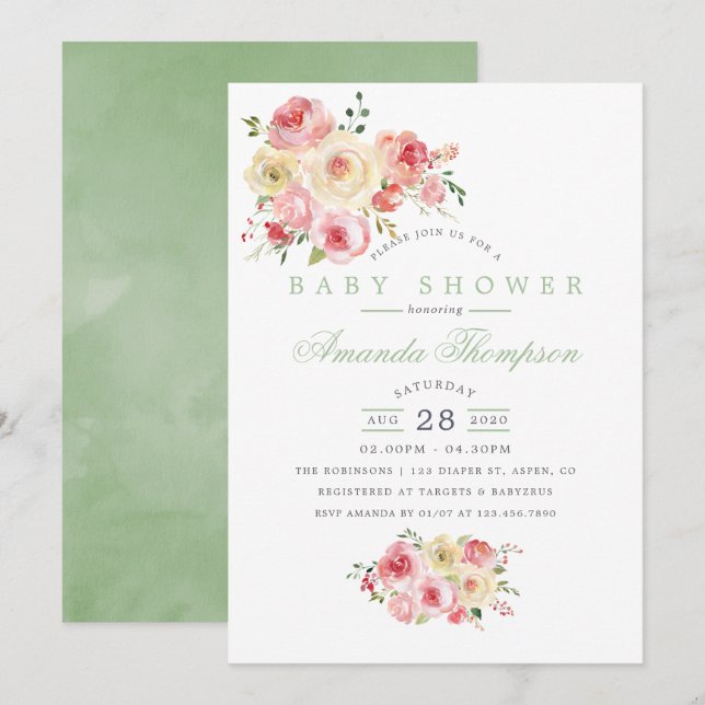Blush and Sage Watercolor Floral Baby Shower Invitation (Front/Back)