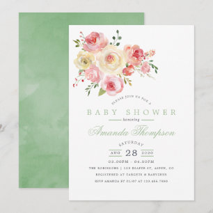 Blush and Sage Watercolor Floral Baby Shower Invitation