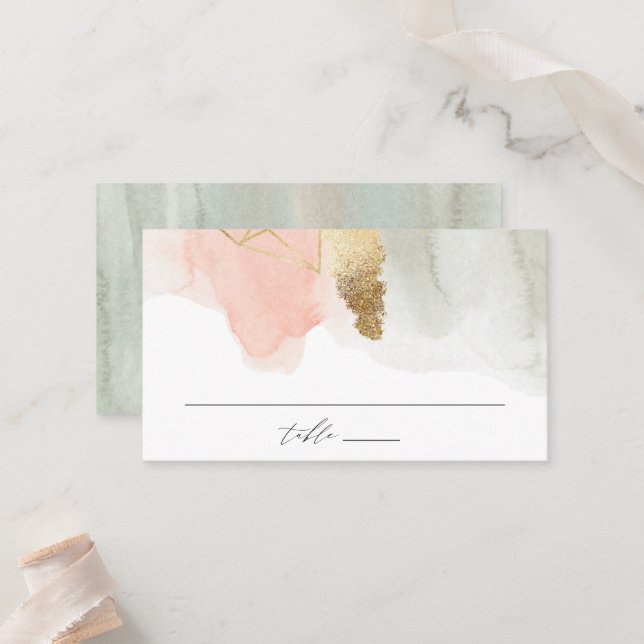 Blush and Sage Watercolor Gold Geometric Wedding Place Card (Front/Back In Situ)