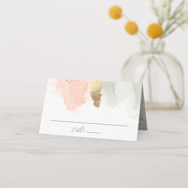 Blush and Sage Watercolor Gold Geometric Wedding Place Card (Front)