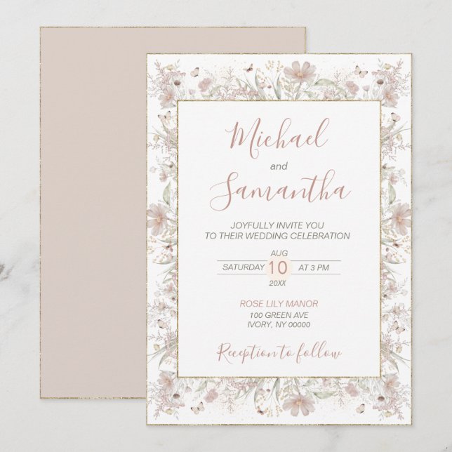 Blush and Sage Wildflower Spring Wedding Invitation (Front/Back)