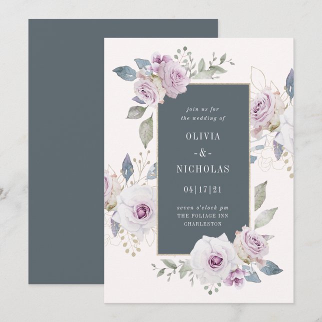 Blush and Soft Violet Floral with Grey | Weddding Invitation (Front/Back)