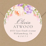 Blush and Violet Bloom Round Return Address Label<br><div class="desc">Pretty feminine circle return address stickers personalized with your name and address bordered by pastel peach pink and lavender purple watercolor flowers and greenery. Use the design tools to change the background colour and fonts to further customize your own unique design.</div>